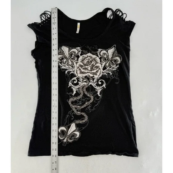 Vtg 2000s Y2K Studded Rose Shirt Tattoo Style See Measure Biker Hipster Grunge - Picture 7 of 8